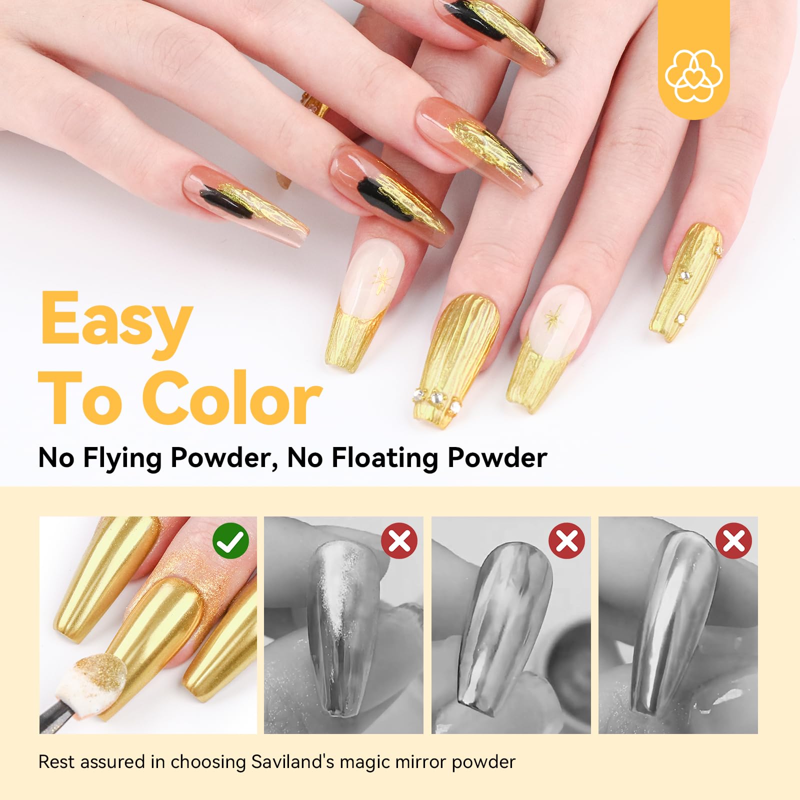 SAVILAND polvo cromado dorado, uñas con estilo glamoroso y duradero.