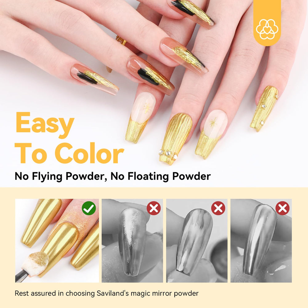 SAVILAND polvo cromado dorado, uñas con estilo glamoroso y duradero.