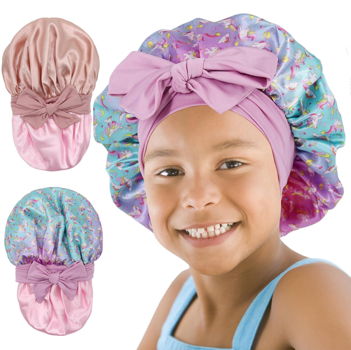 SAYMRE bonete para niñas con estampado frontal, protege rizos al dormir.
