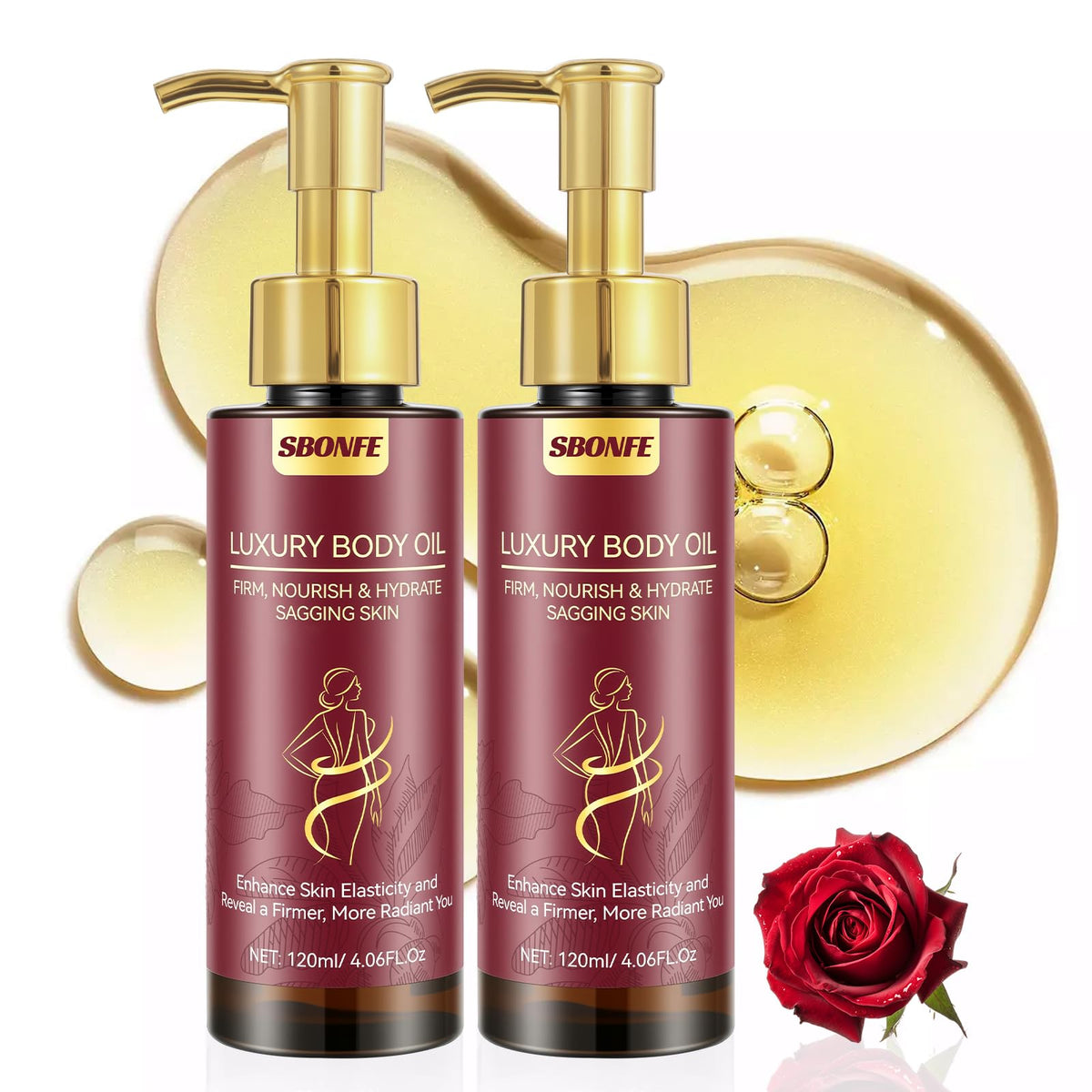 SBONFE Aceite Corporal Reafirmante en frasco, cuidado suave para la piel.