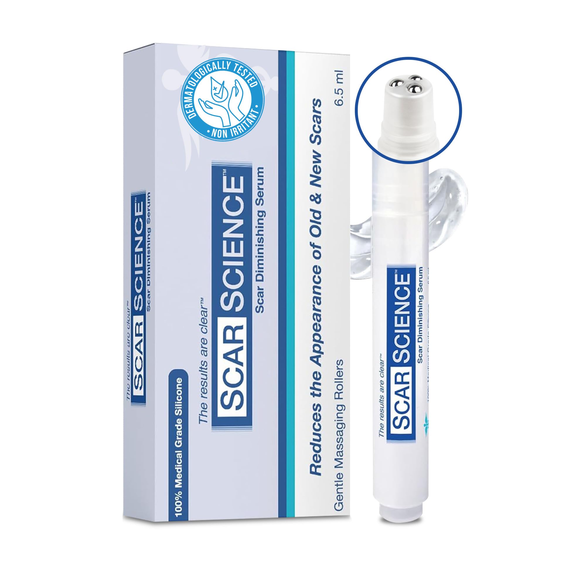 ScarScience gel silicona con rodillo Tri para masaje suave de cicatrices.