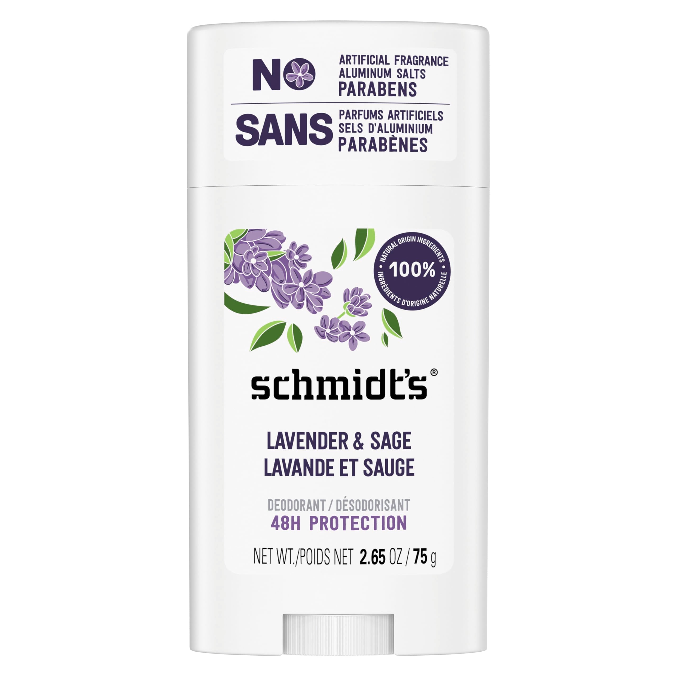 Schmidt's Lavanda y Salvia sin aluminio, desodorante de 2,65 oz, protección diaria suave.