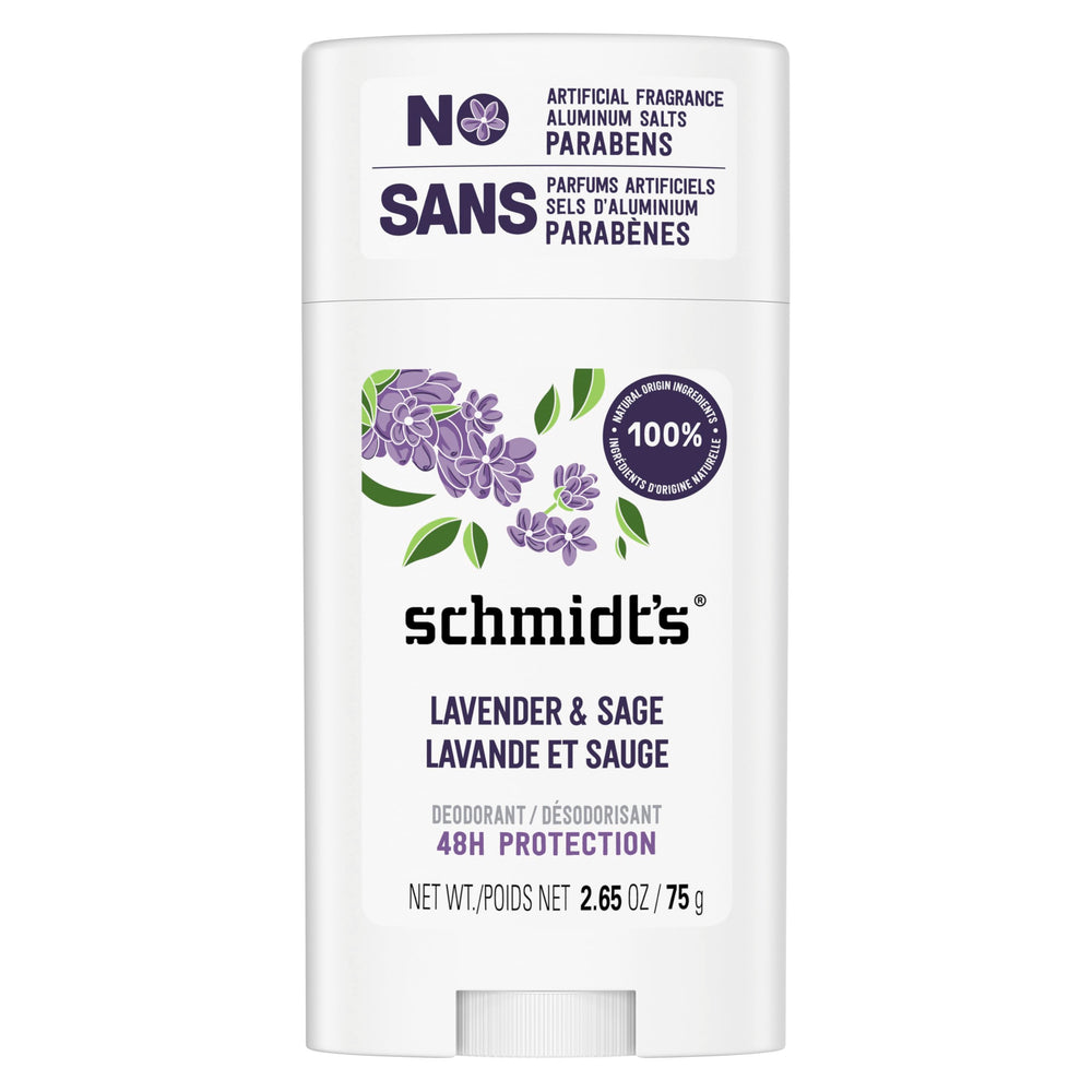 Schmidt's Lavanda y Salvia sin aluminio, desodorante de 2,65 oz, protección diaria suave.