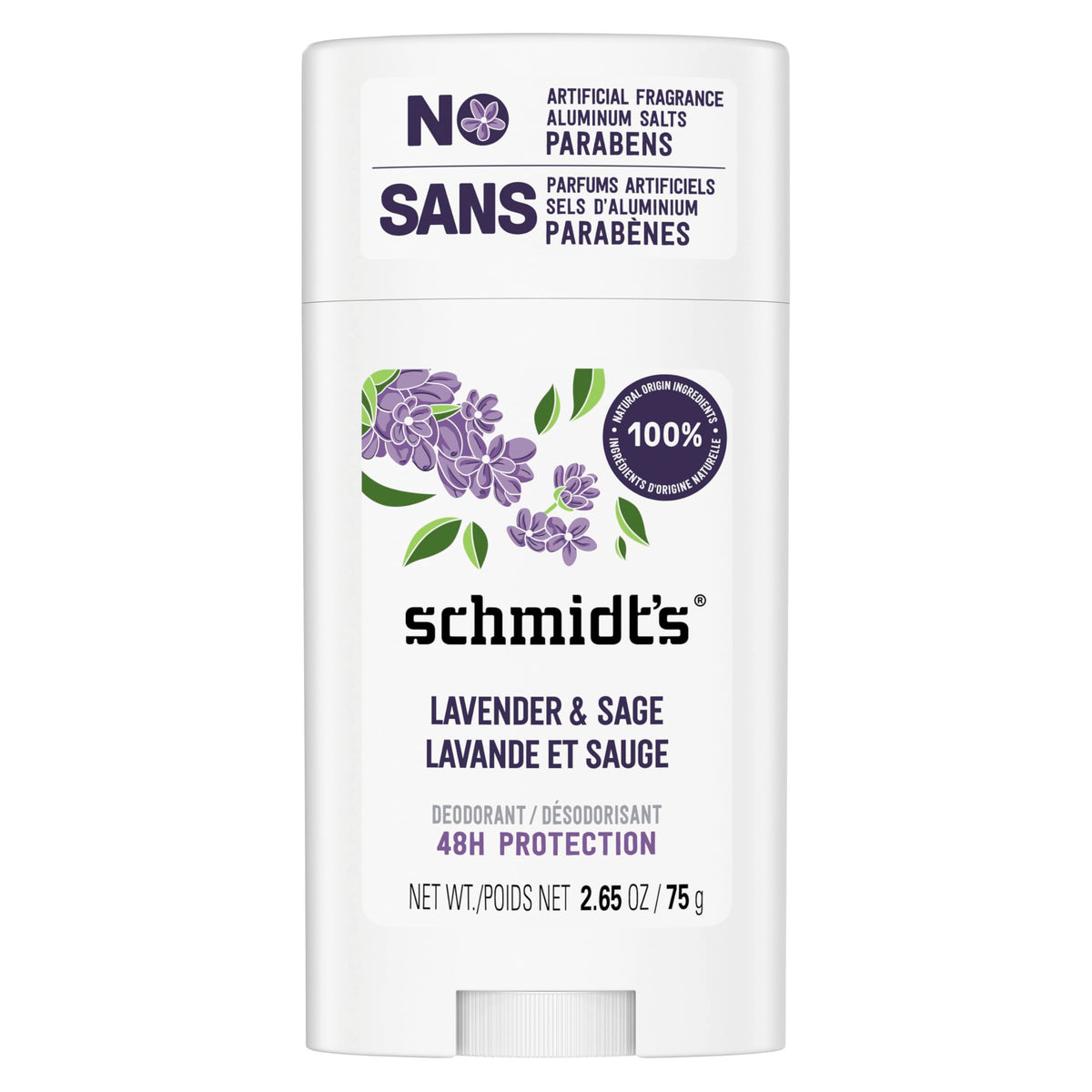 Schmidt's Lavanda y Salvia sin aluminio, desodorante de 2,65 oz, protección diaria suave.