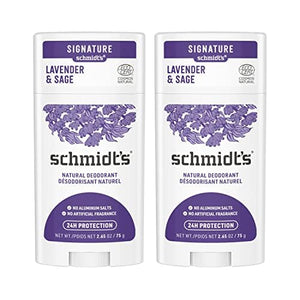 Schmidt's Lavender & Sage aluminum-free deodorant bottle with 24-hour odor protection.