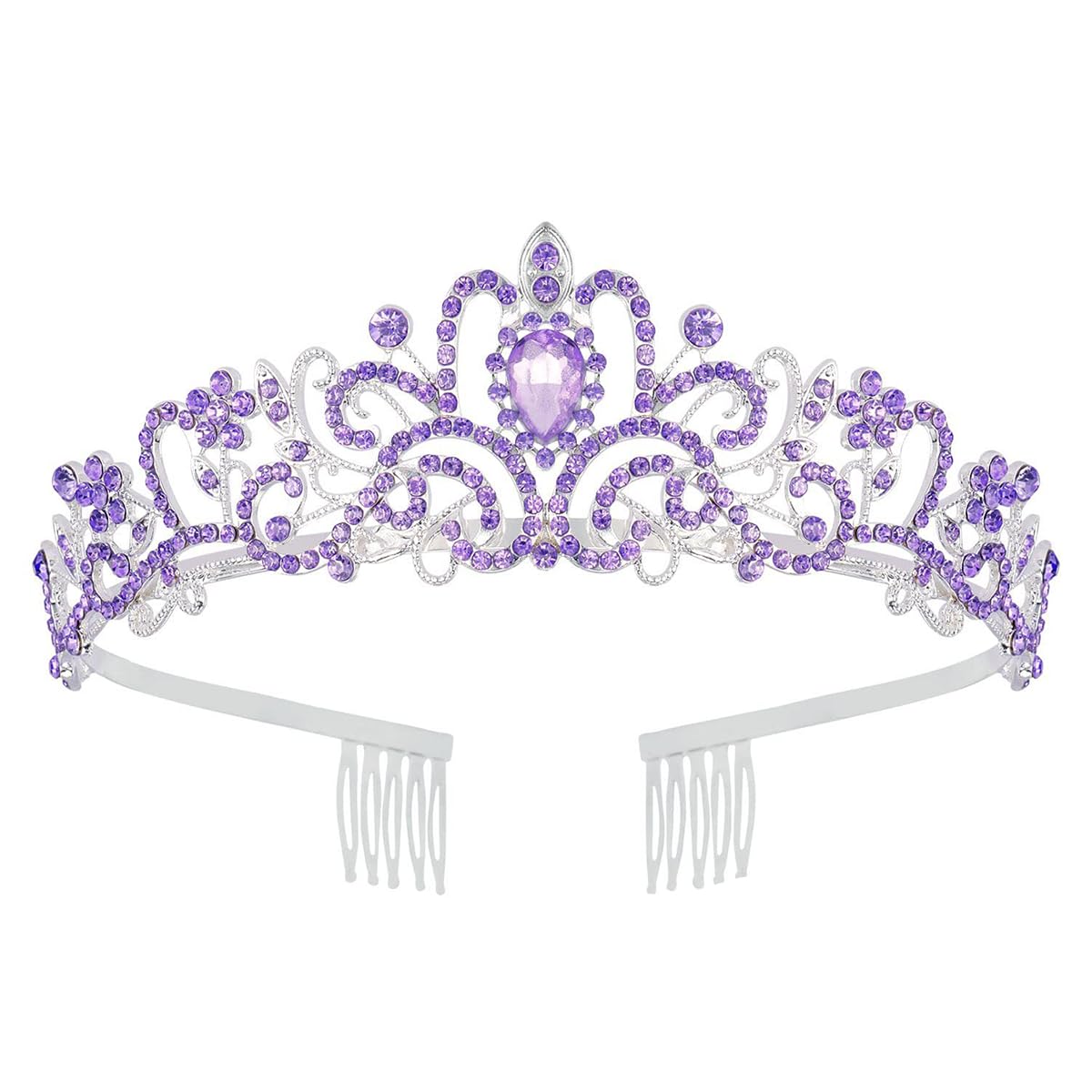 Schmoopy tiara corona cristal purpura, foco frontal, brillo elegante para boda.