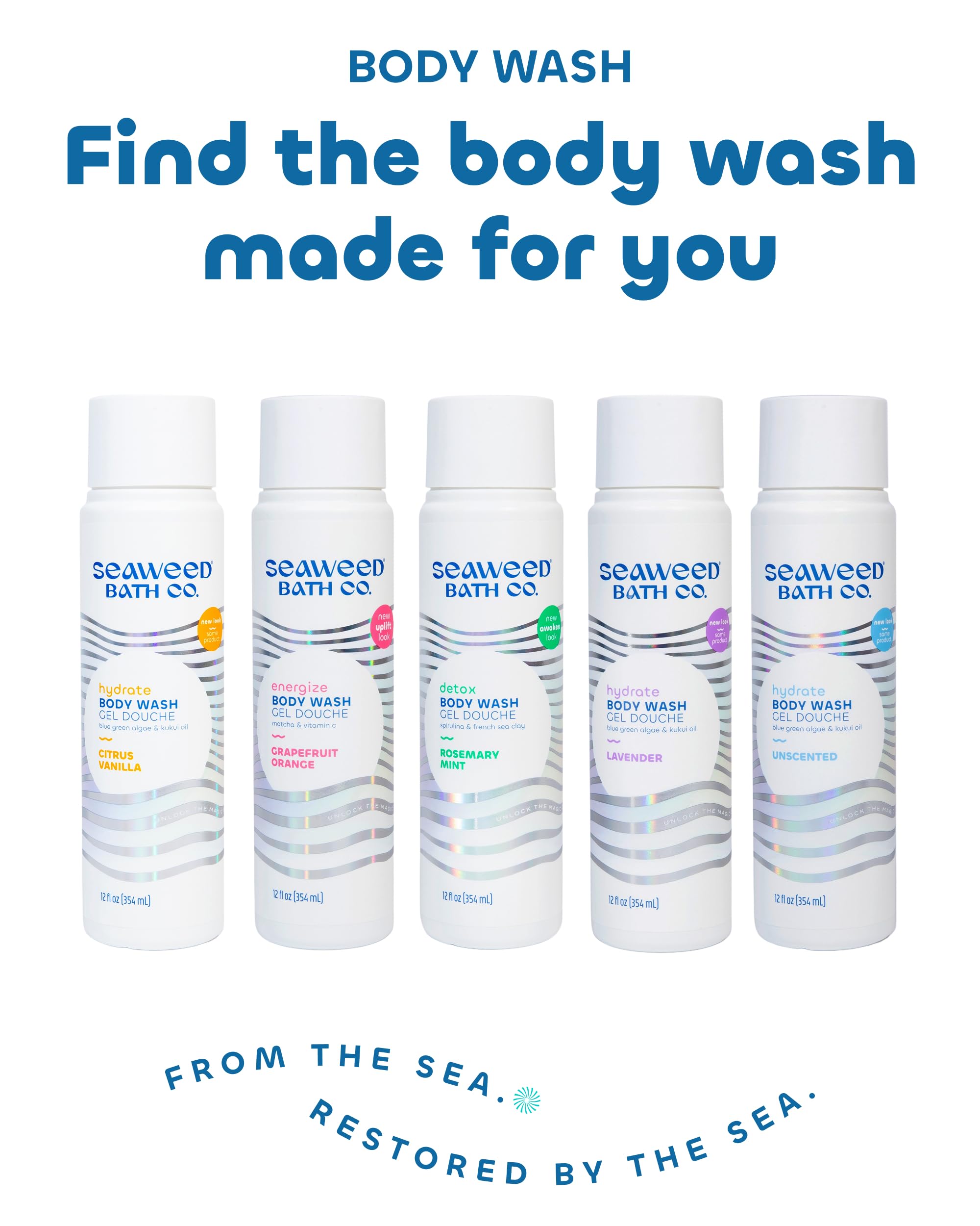 Seaweed Bath Co. envase de plástico reciclado al 50% promueve consumo consciente.