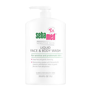 SEBAMED limpiador líquido para rostro y cuerpo en botella, suave para piel sensible.