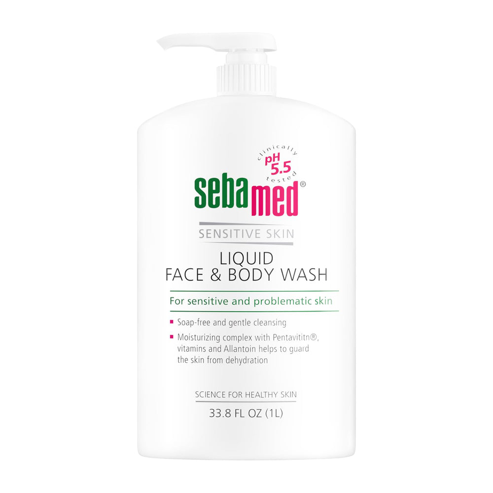 SEBAMED limpiador líquido para rostro y cuerpo en botella, suave para piel sensible.