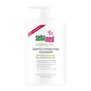 SEBAMED limpiador sin fragancia en botella de 1 litro, hidratación suave para piel sensible.