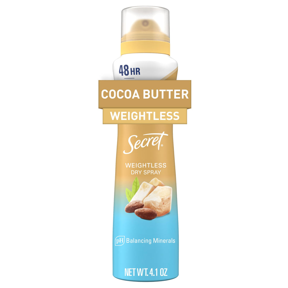 Secret Aerosol Seco para mujer, botella visible, protección duradera y aroma manteca de cacao.