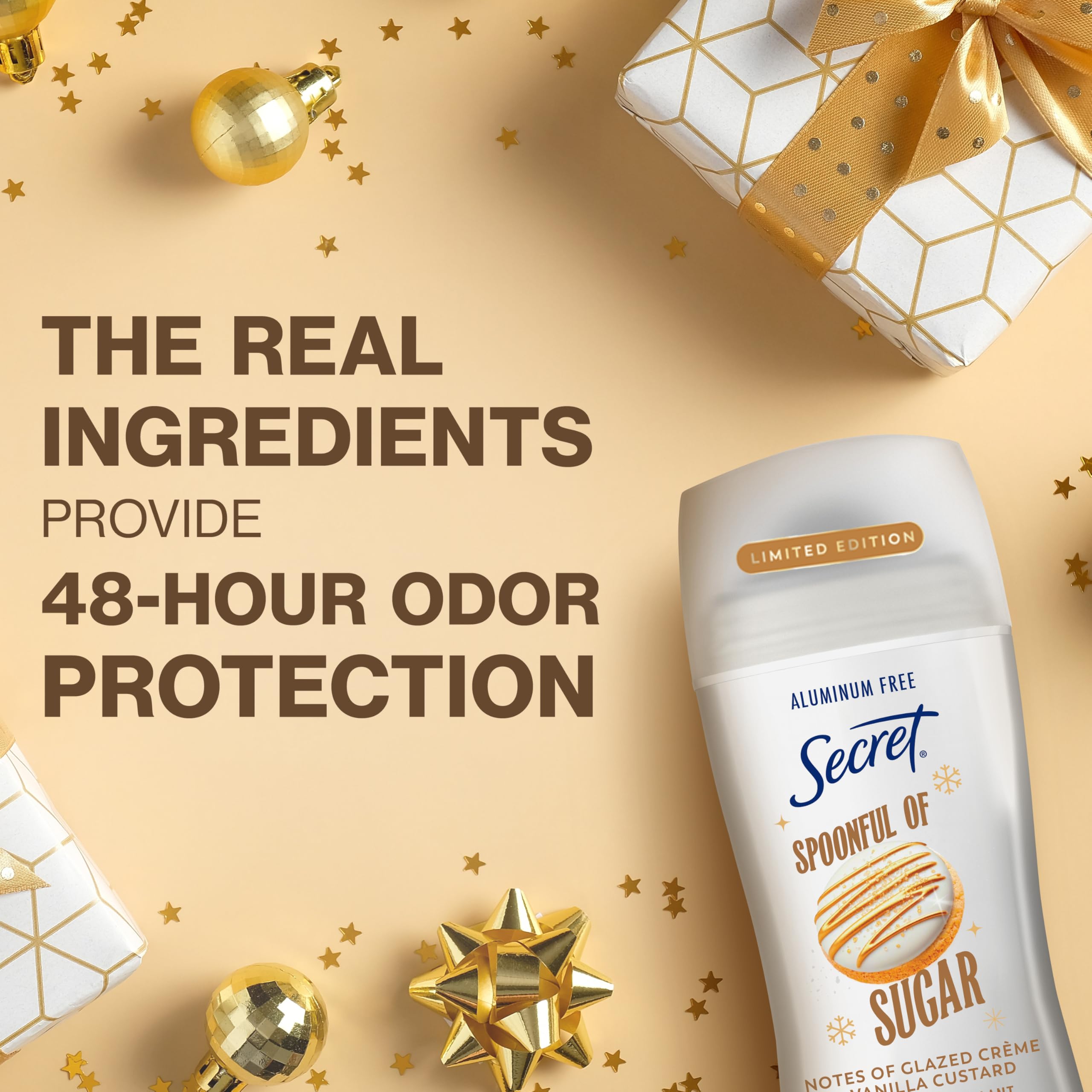 Secret desodorante fragancia galletas azucaradas para fiestas, aroma dulce y reconfortante.