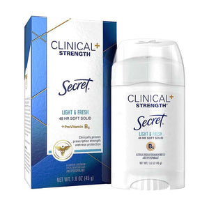 Producto Secret Fuerza Clínica en empaque frontal, protección para el día.
