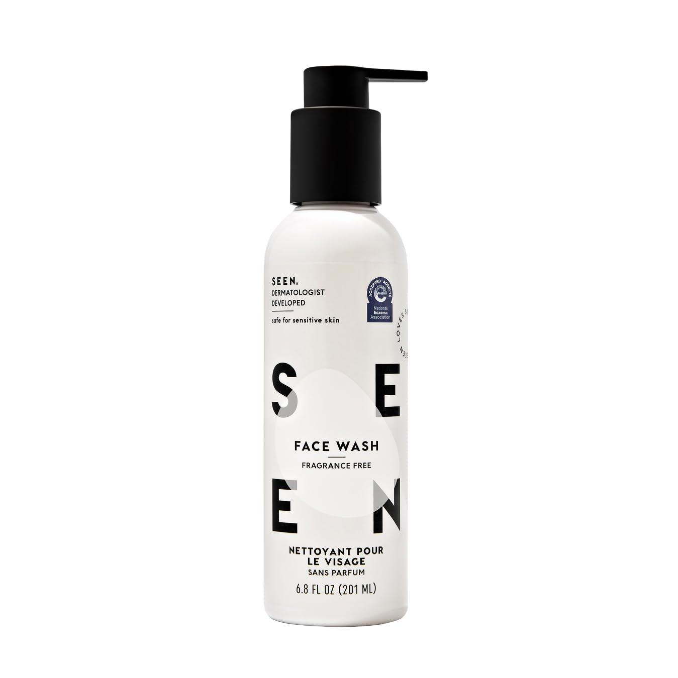 SEEN Face Wash sin fragancia en botella, limpieza suave para piel sensible.