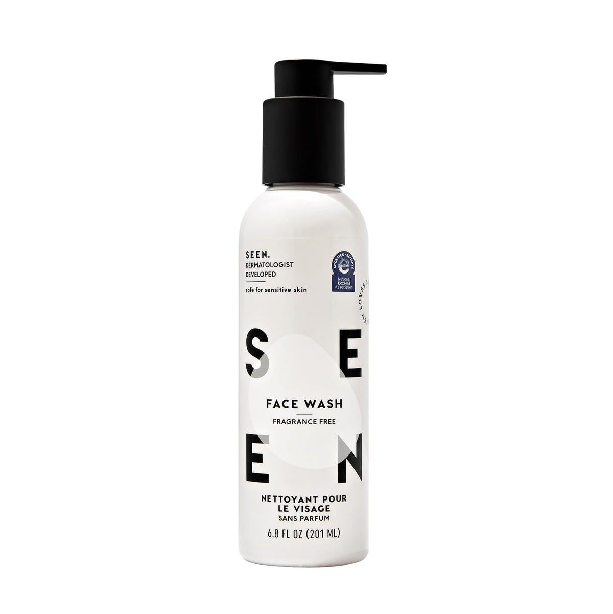 SEEN Face Wash sin fragancia en botella, limpieza suave para piel sensible.