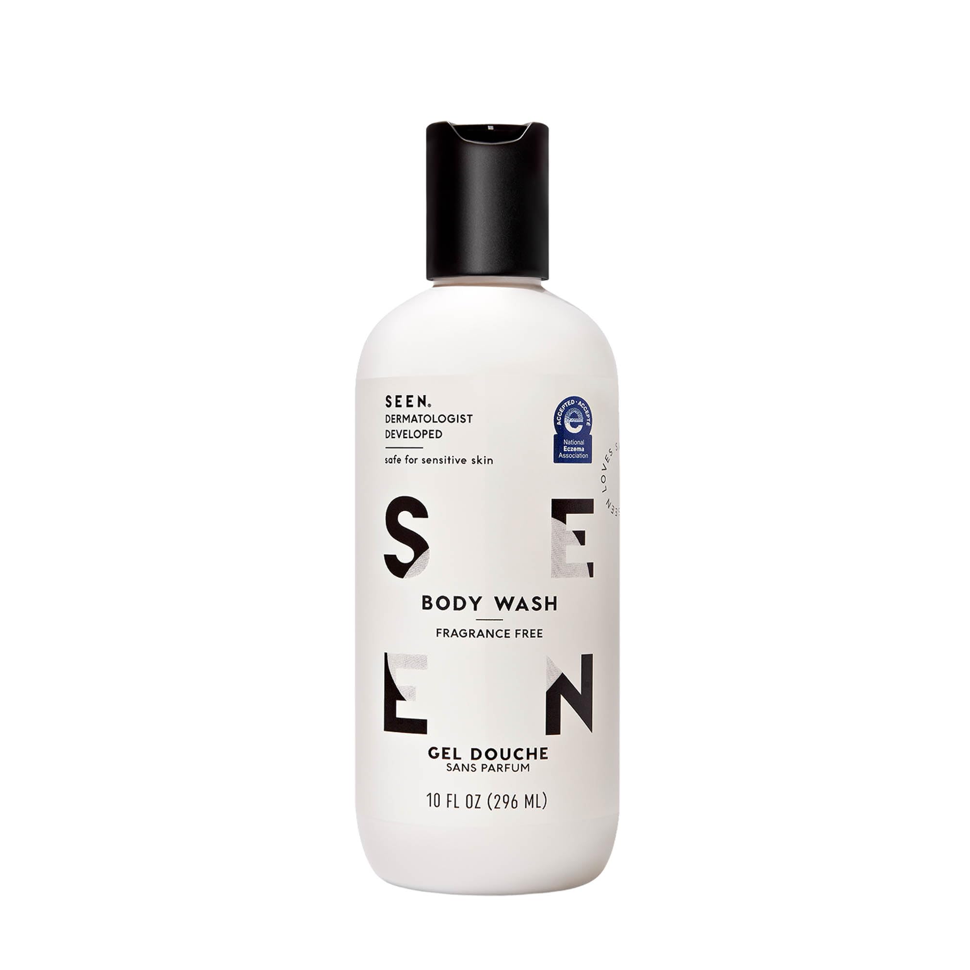 SEEN gel de ducha sin fragancia, botella elegante para piel sensible.