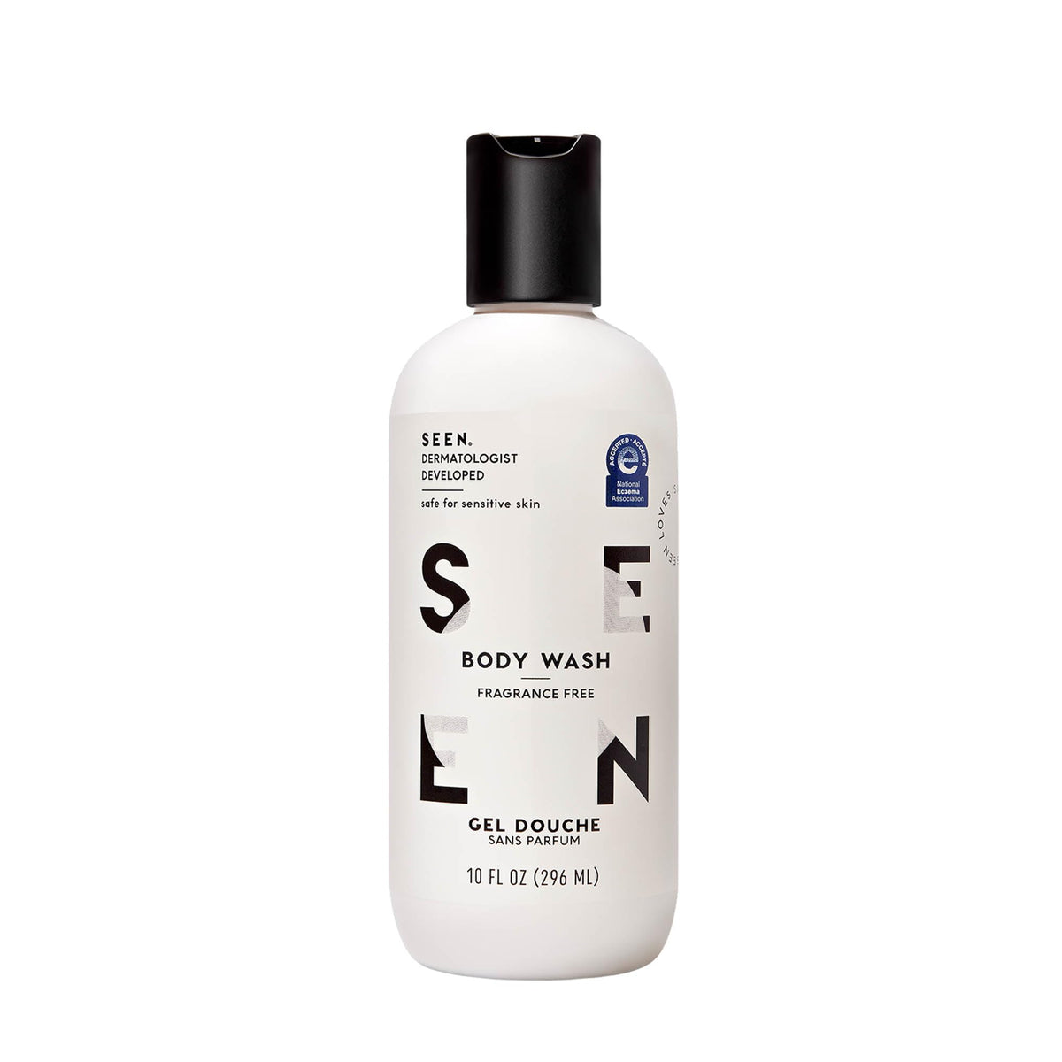 SEEN gel de ducha sin fragancia, botella elegante para piel sensible.