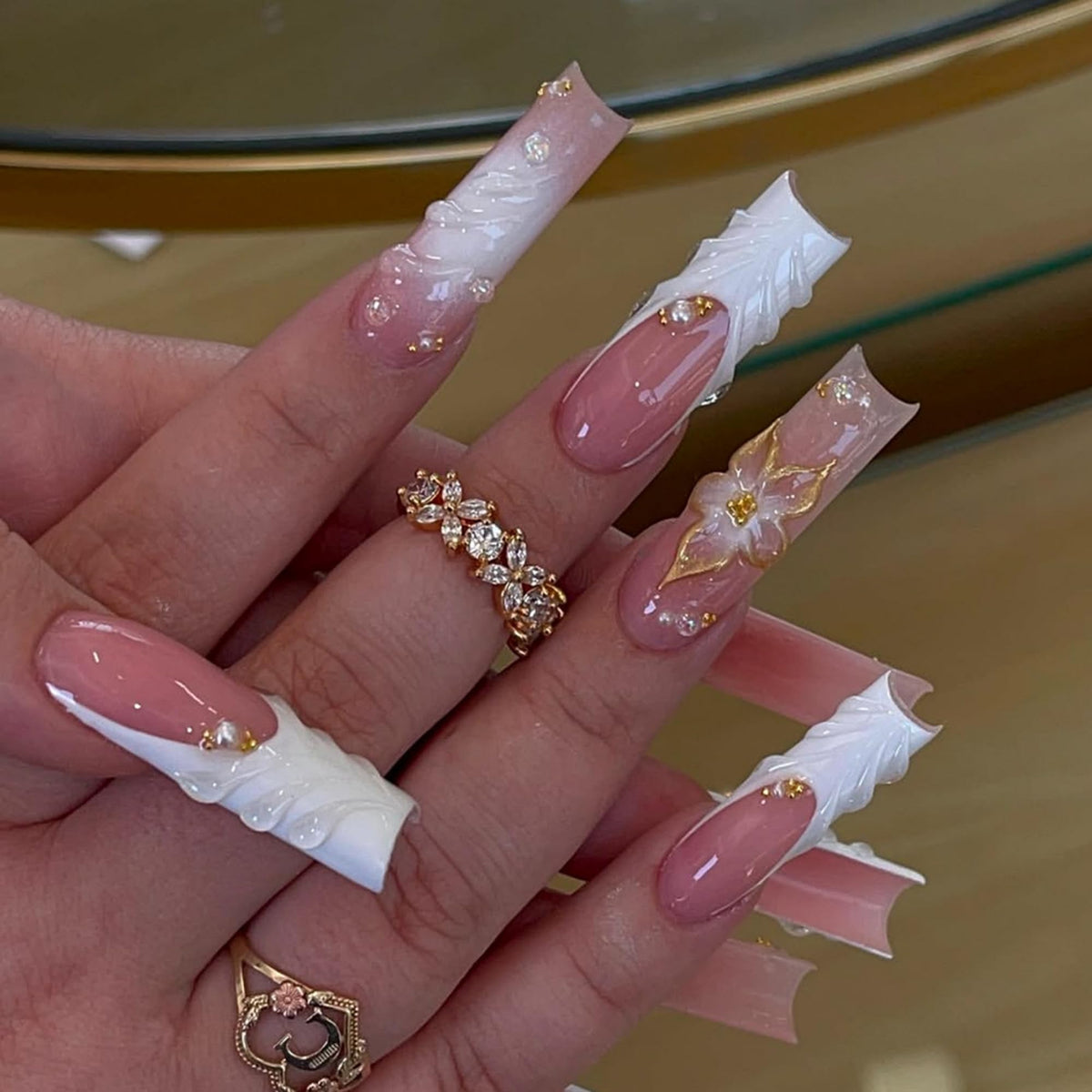 Uñas postizas SEENEEY cuadradas rosas floral para estilo diario rápido