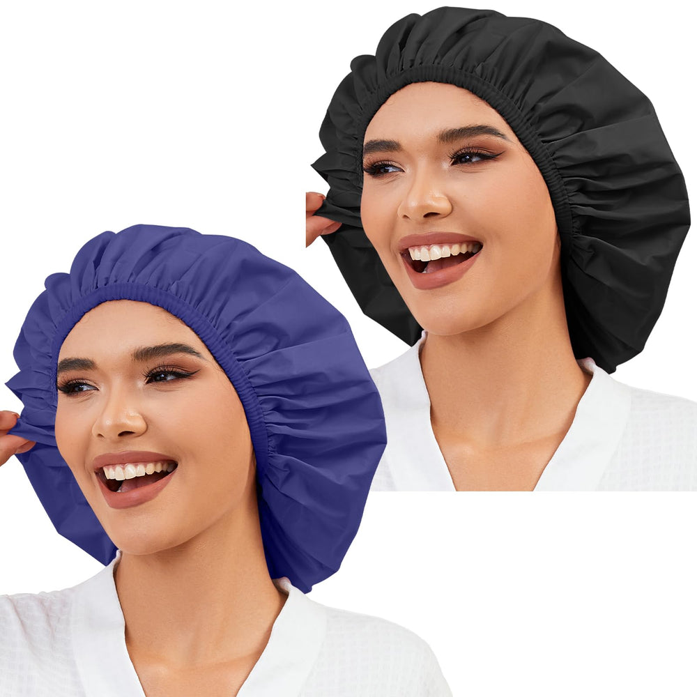 Gorro de ducha Selalu negro y azul con frente visible, cobertura amplia