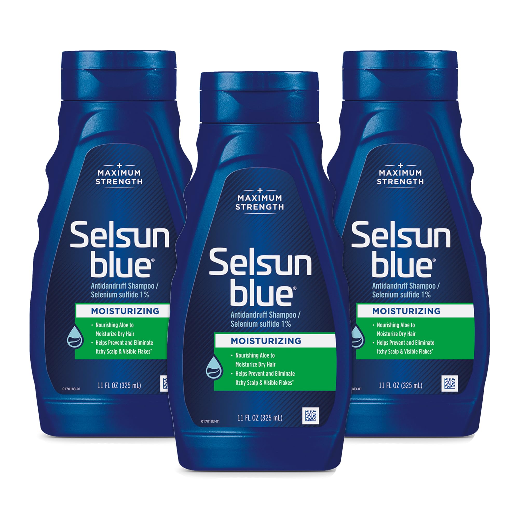 Selsun Blue champú anticaspa hidratante con aloe, botella frontal para cabello suave.