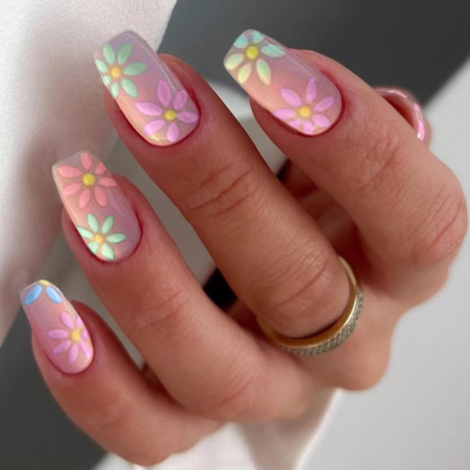SEMATA uñas postizas rosa flor corto cuadrado, ideal para manicura rápida en casa.