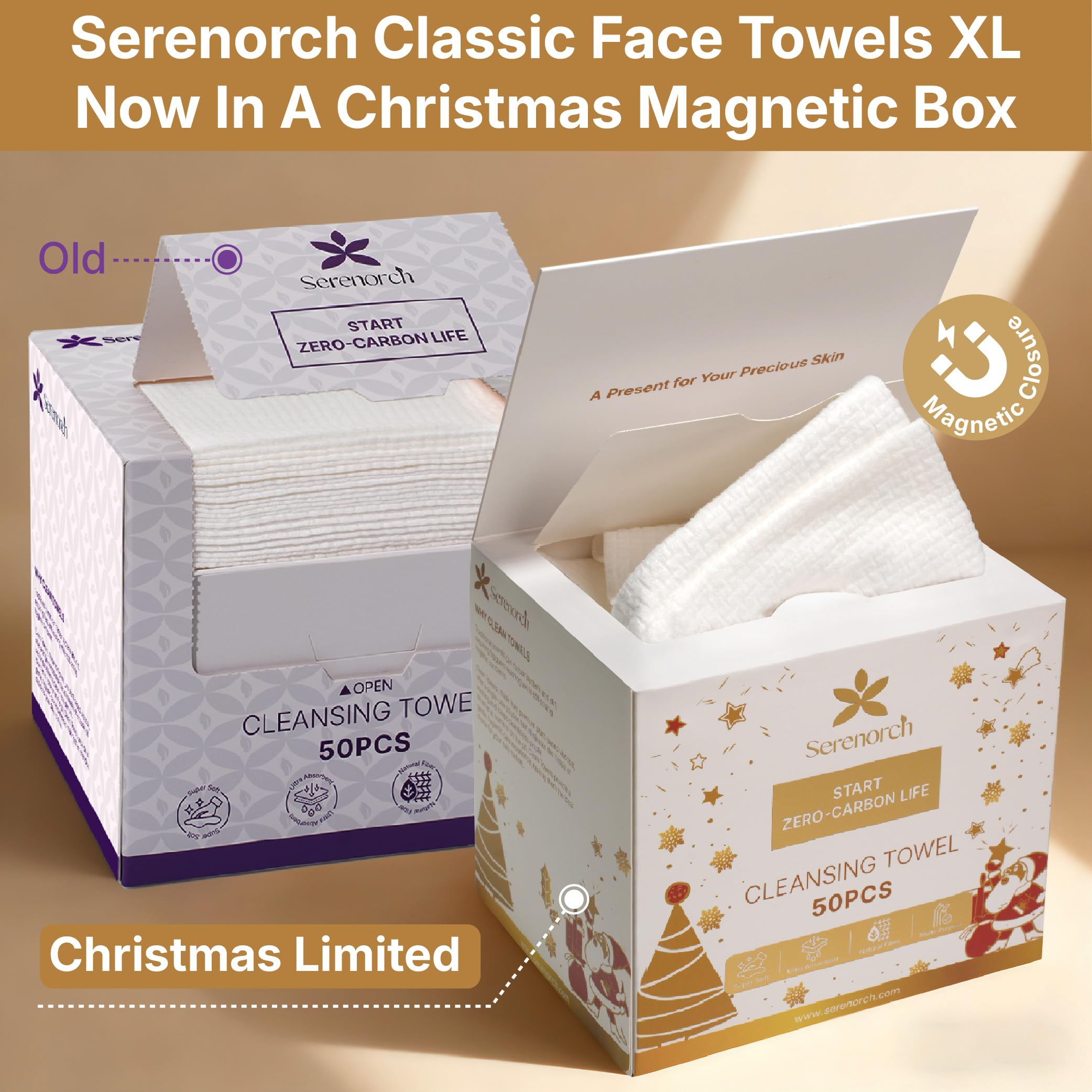 Serenorch toallas faciales desechables XL, textura suave para piel sensible.