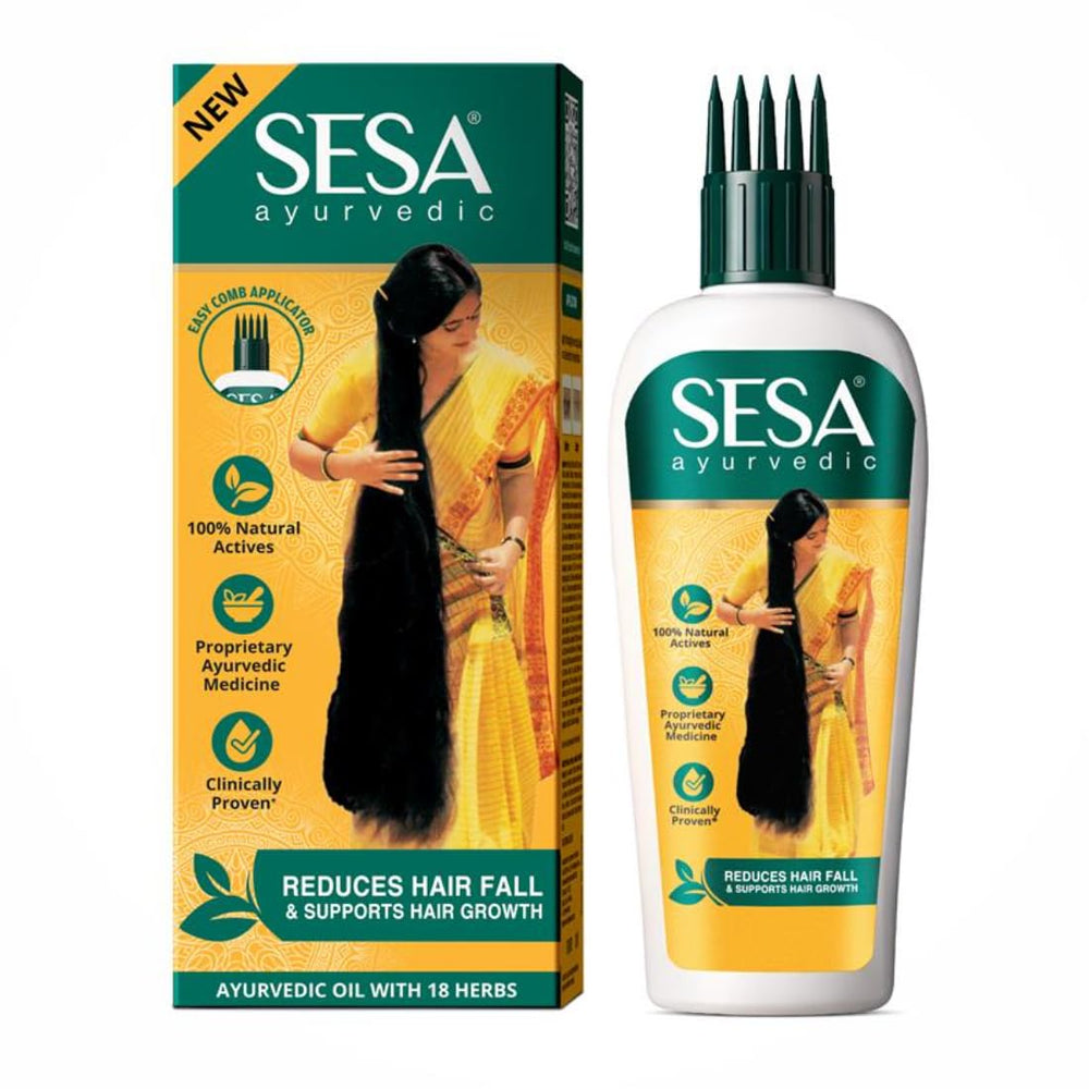 SESA Aceite Ayurvédico en botella: fortalecimiento capilar suave para uso diario.