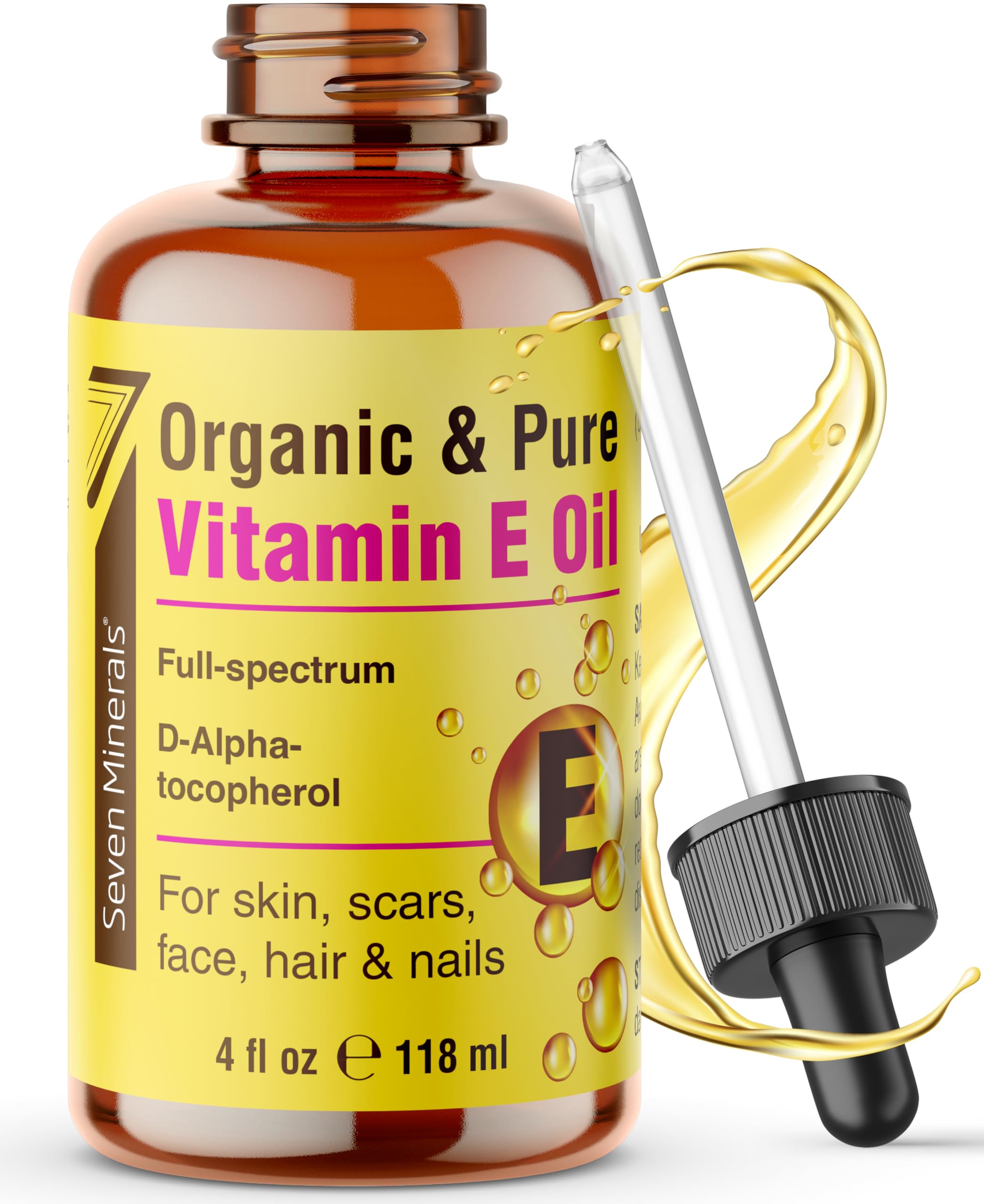 Seven Minerals: botella de aceite de vitamina E puro para hidratación suave de la piel.