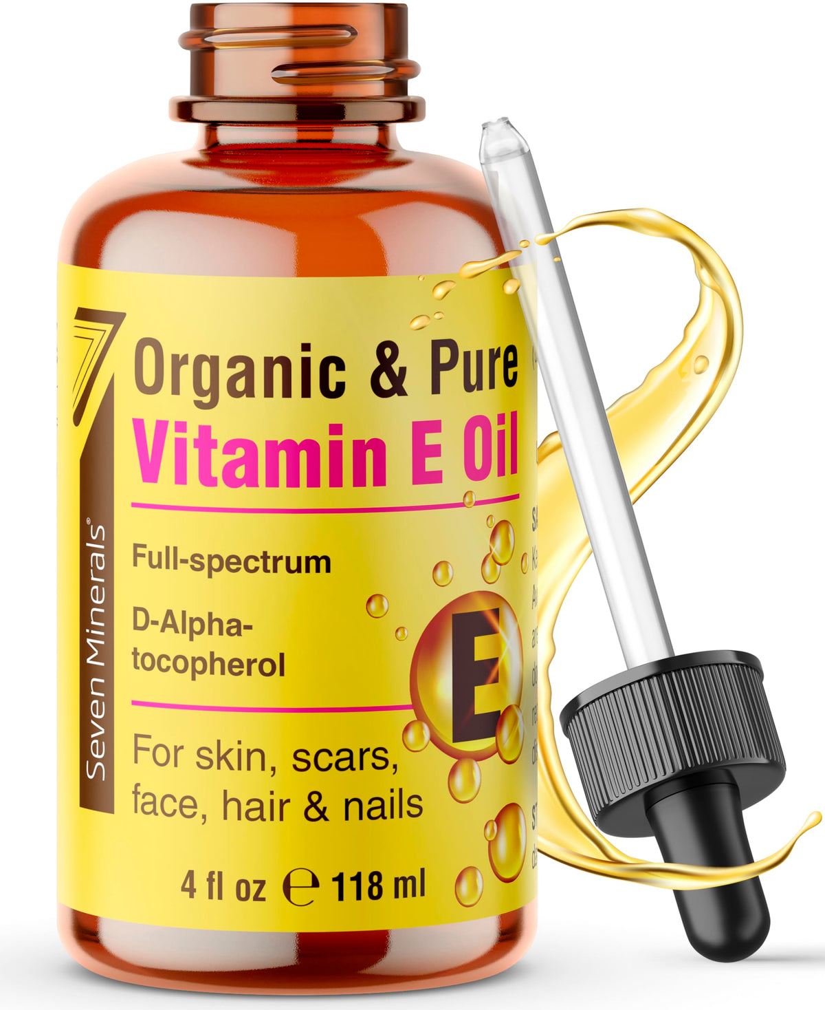 Seven Minerals: botella de aceite de vitamina E puro para hidratación suave de la piel.