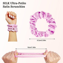 SEVEN STYLE scrunchies satinadas mini rosadas, sujeción suave para uso diario sin tirones.