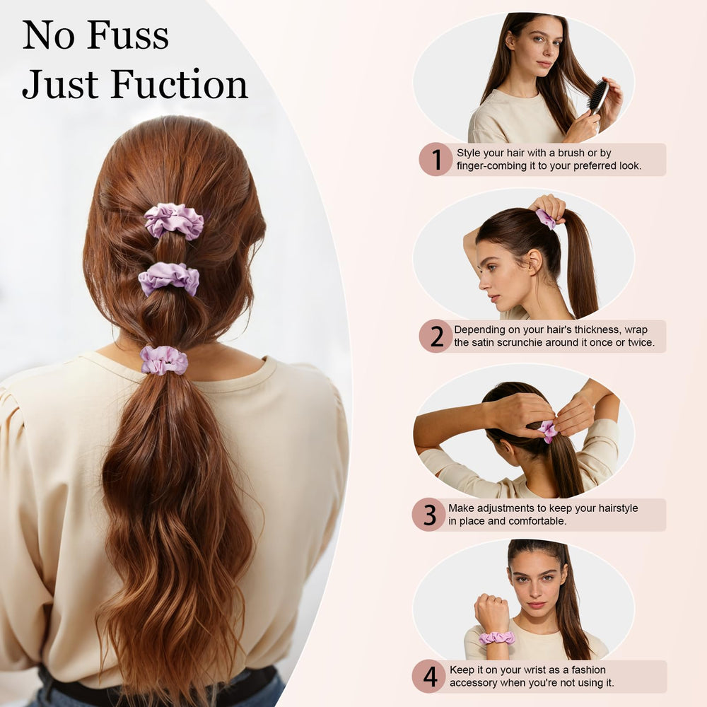 Scrunchies satinadas mini rosadas SEVEN STYLE, ideales para recogidos ligeros y elegantes.