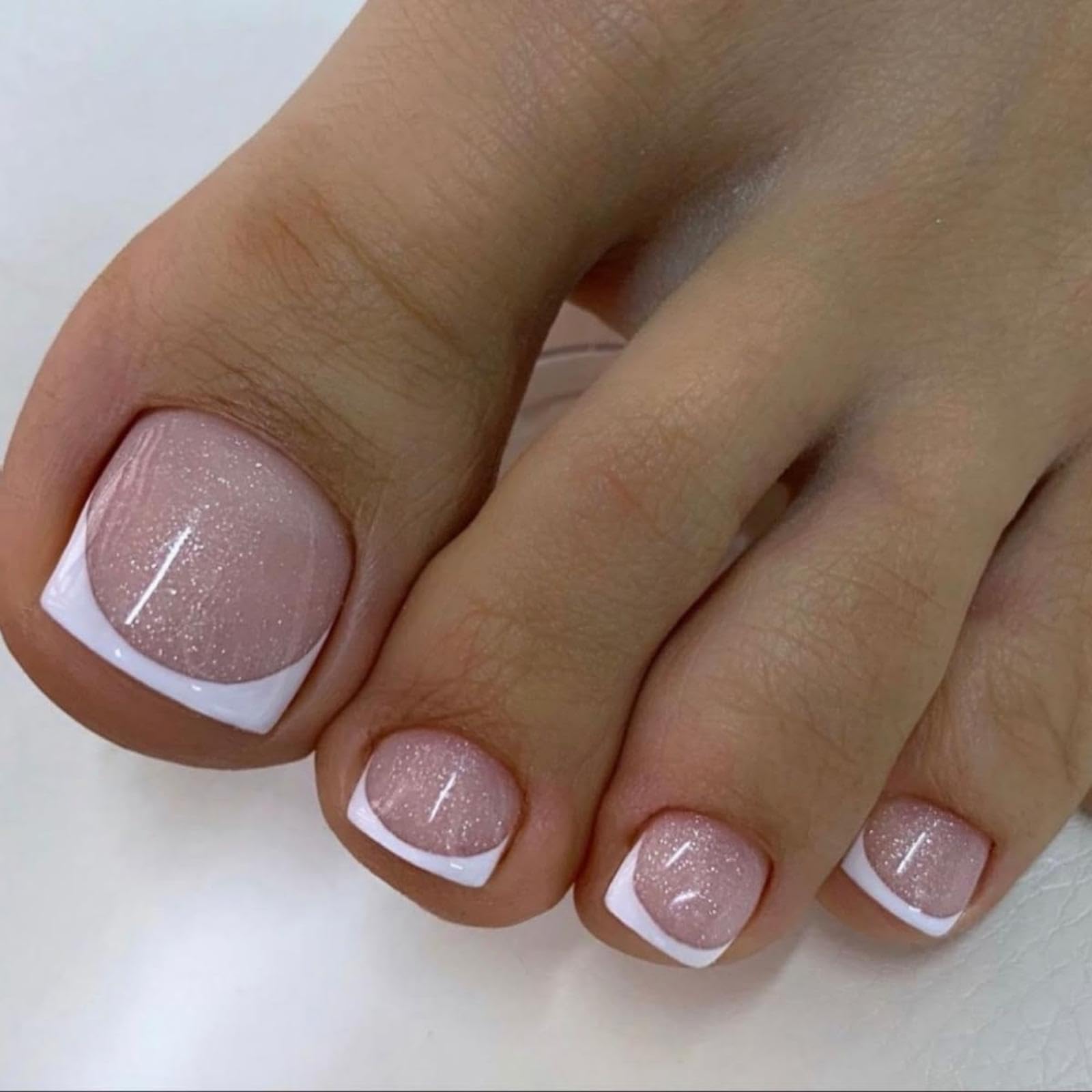 Sevgob uñas postizas Frances blanco corto cuadrado con nude glitter para look elegante