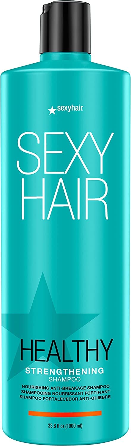 SexyHair champú fortificante en botella, cabello suave y manejable.