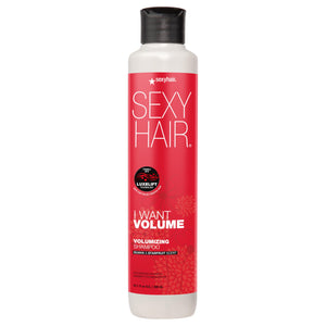 SexyHair I WANT VOLUME Champú: botella frontal con indicios de volumen inmediato.