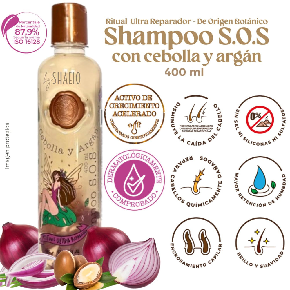 SHAEIO Ingredientes botánicos: cebolla, biotina y argán.