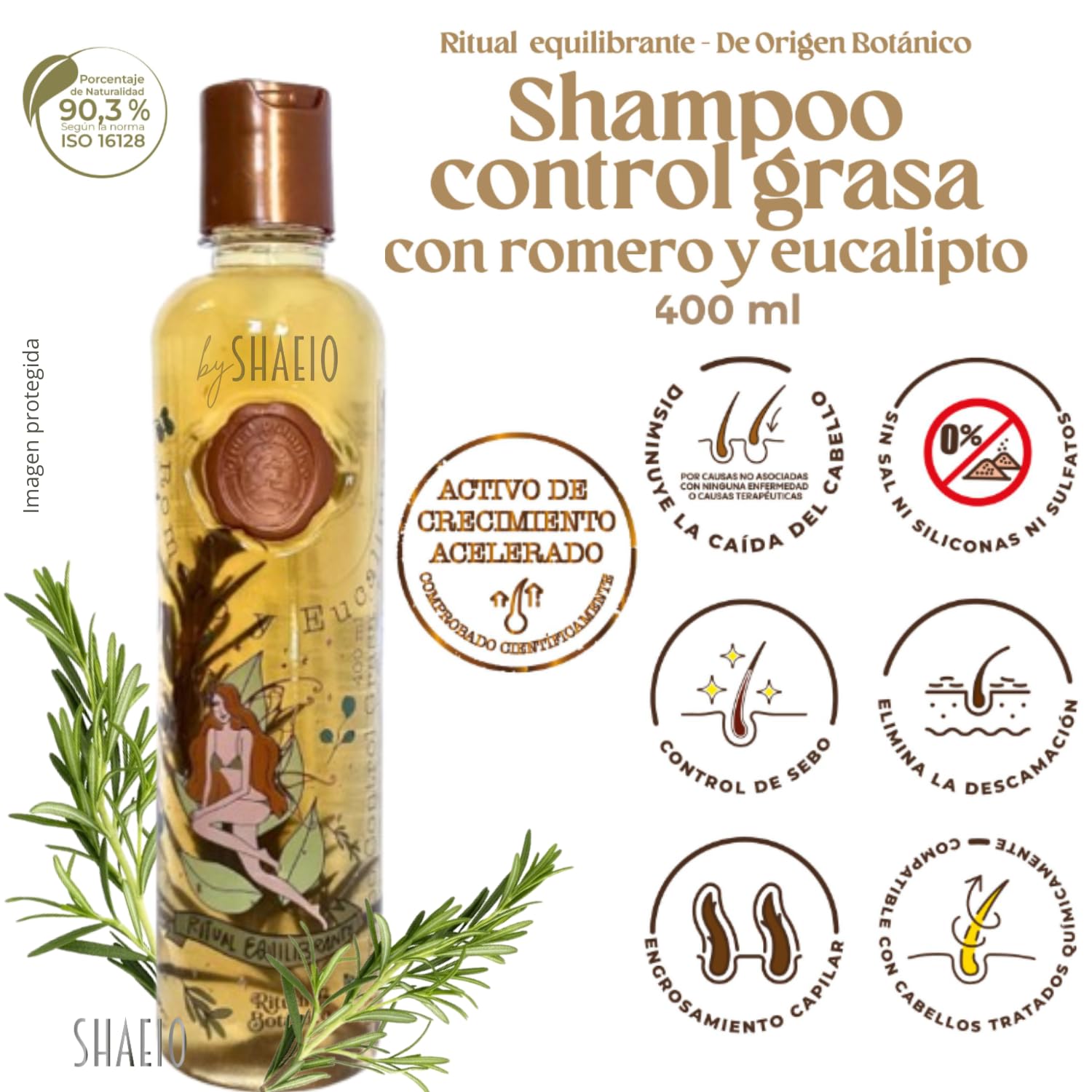 SHAEIO shampoo romero eucalipto, cabello suave y brillante tras lavado