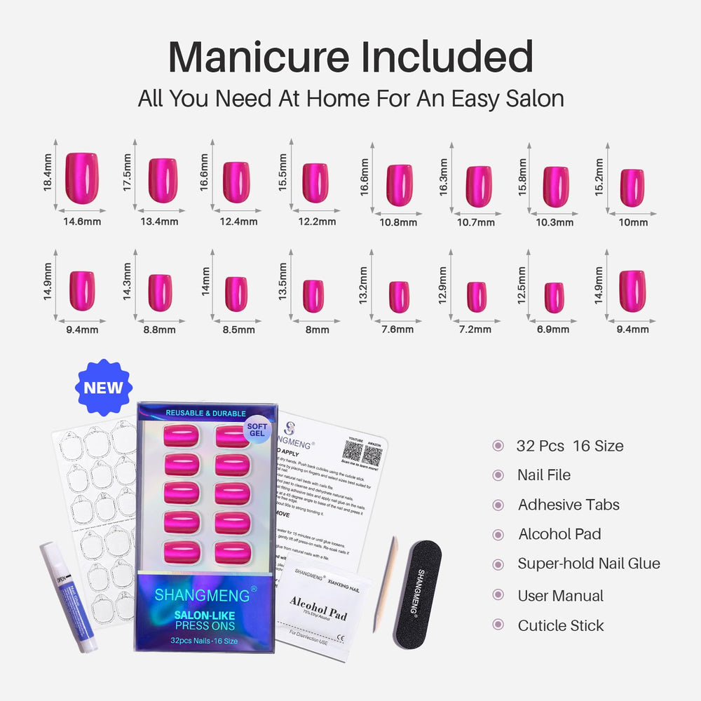 SHANGMENG Uñas adhesivas rosa neón, pads de alcohol para limpieza segura