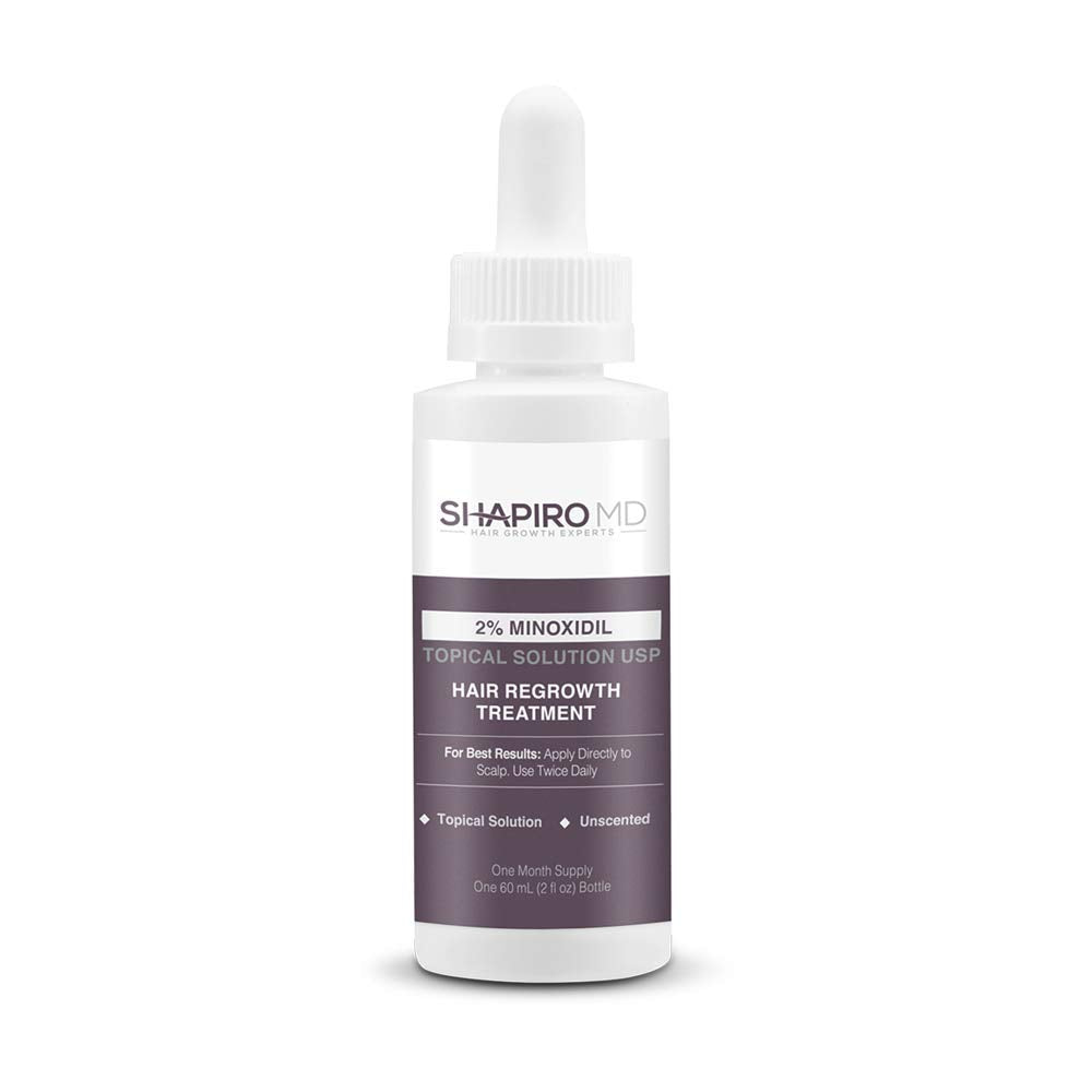Shapiro MD Minoxidil 2% serum: botella visible para apoyar el crecimiento capilar diario