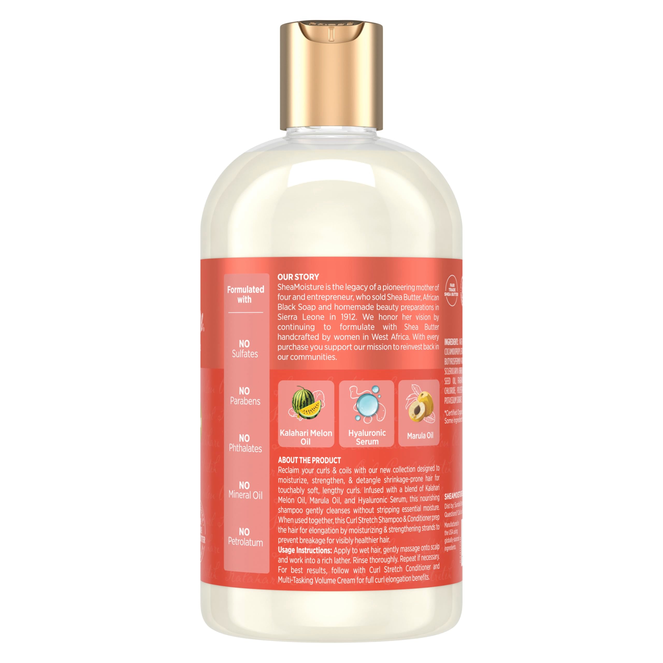 Etiqueta del champú SheaMoisture mostrando ingredientes clave y beneficios de hidratación.