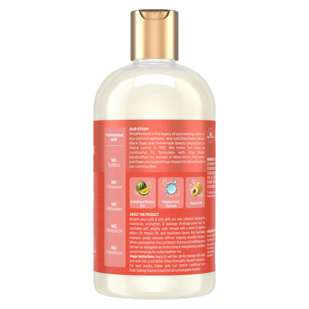 Etiqueta del champú SheaMoisture mostrando ingredientes clave y beneficios de hidratación.