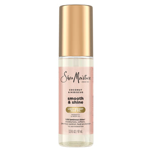 SheaMoisture Aceite Coco Hibisco, bote derramando, aporta hidratación y brillo al cabello.
