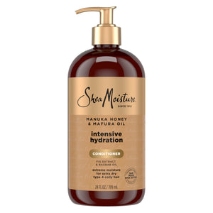 SheaMoisture Manuka Honey Mafura, botella mostrada, hidratación profunda para cabellos rizados.