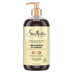 SheaMoisture champú fortalecedor con aceite de ricino jamaicano; botella vertiendo, uso diario