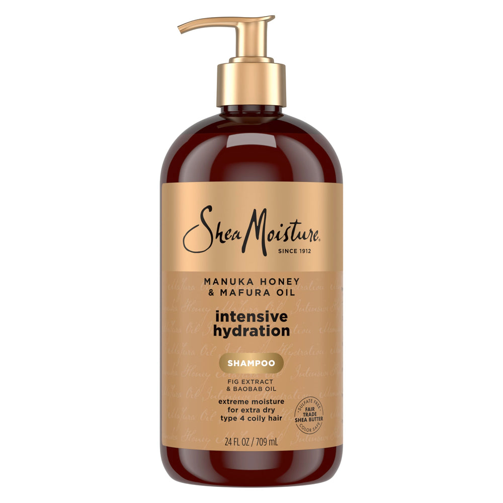 SheaMoisture Champú Intensivo en botella frontal ofrece hidratación profunda para cabellos muy secos.