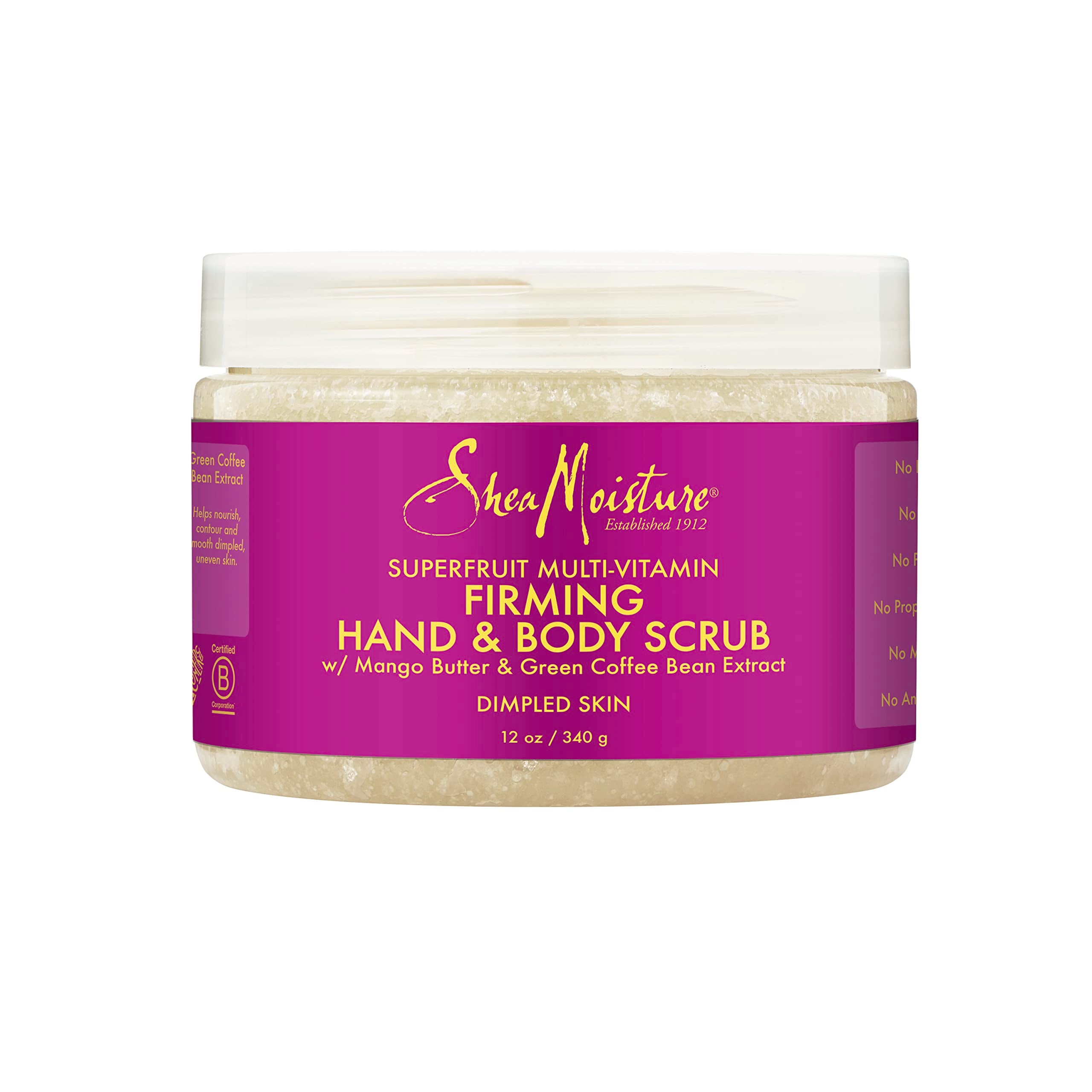 Exfoliador SheaMoisture manos y cuerpo Superfruit, piel suave tras el uso.