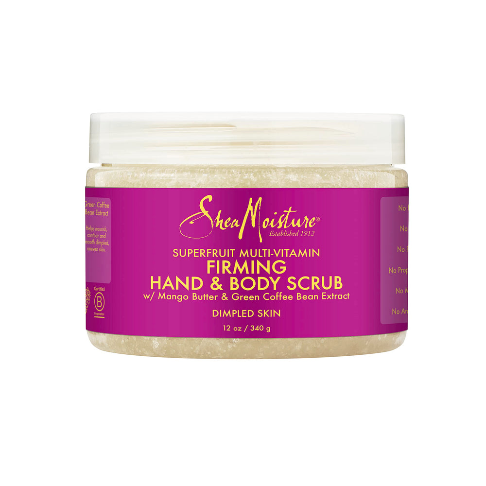 Exfoliador SheaMoisture manos y cuerpo Superfruit, piel suave tras el uso.
