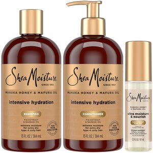 Champú SheaMoisture Manuka Honey y Mafura Oil, botella, hidratación intensa para rizos.