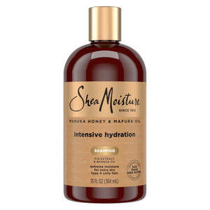 Botella SheaMoisture Manuka Honey Mafura Shampoo para rizos hidratados.