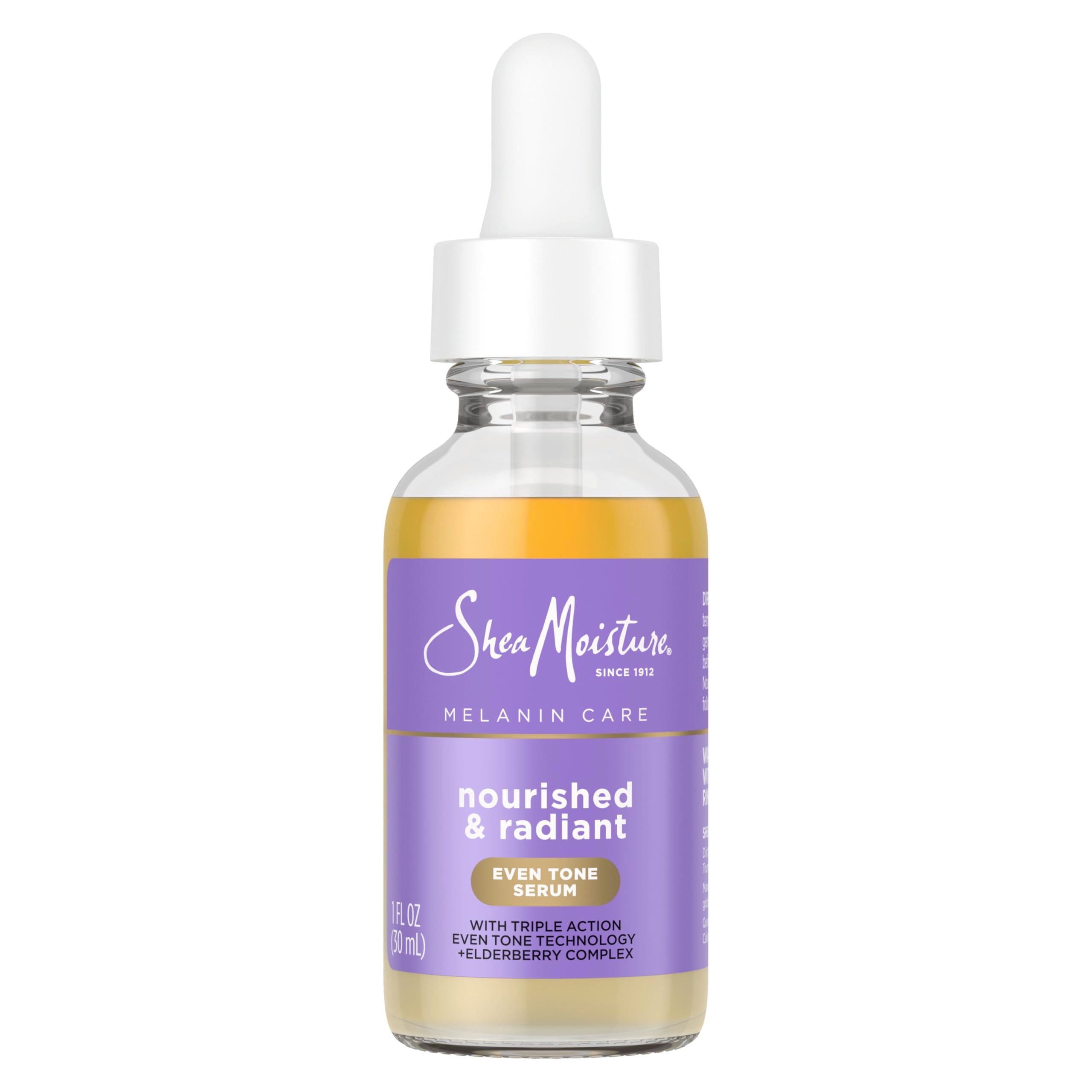 SheaMoisture Melanin Care Serum, bote con cuentagotas para aplicación precisa.