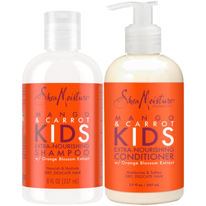 Champú SheaMoisture para niños Mango y Zanahoria: botella frontal, limpieza suave para cabello delicado.
